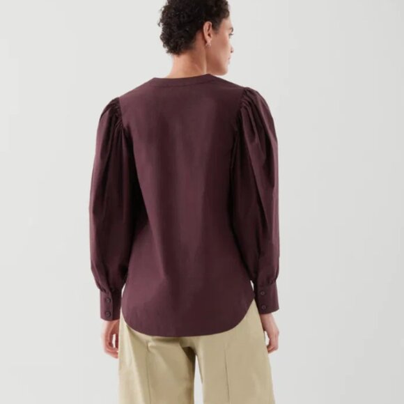 COS Puff-Sleeve V-Neck Cotton-Stretch Burgundy Minimalist Blouse EU 36 US S - Picture 4 of 10